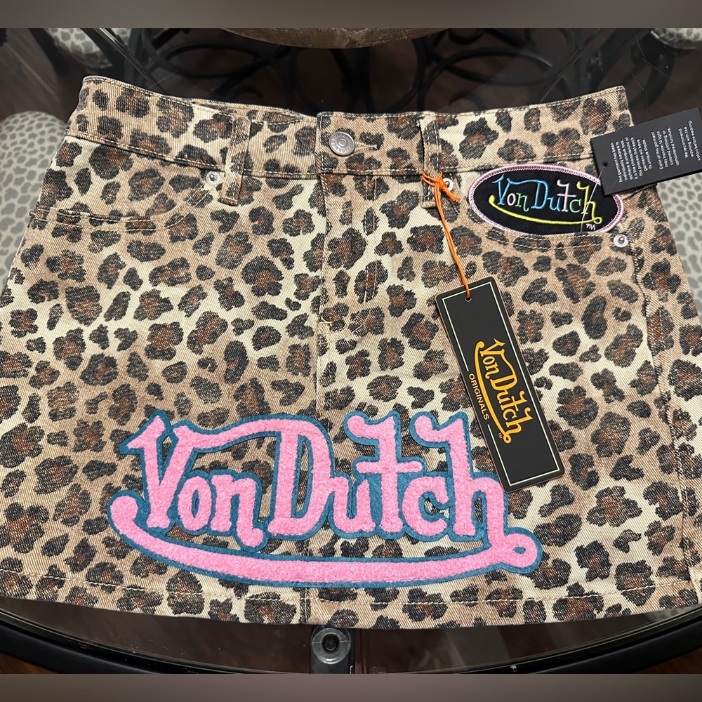 Von Dutch Animal Leopard Cheetah Print Skirt with Pink Logo